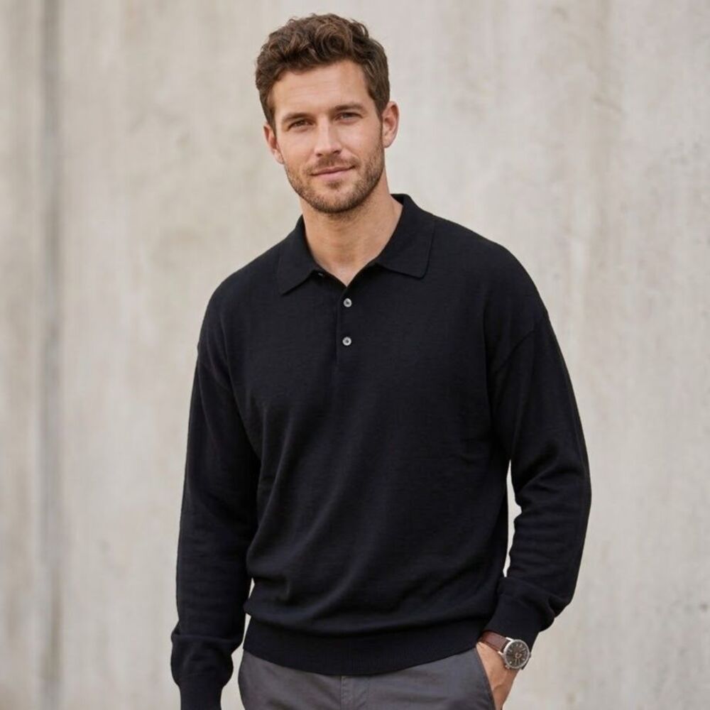 Linea Uomo Italy Wool Blend Polo Sweater Mens Sz L Long Sleeve Lightweight Knit
